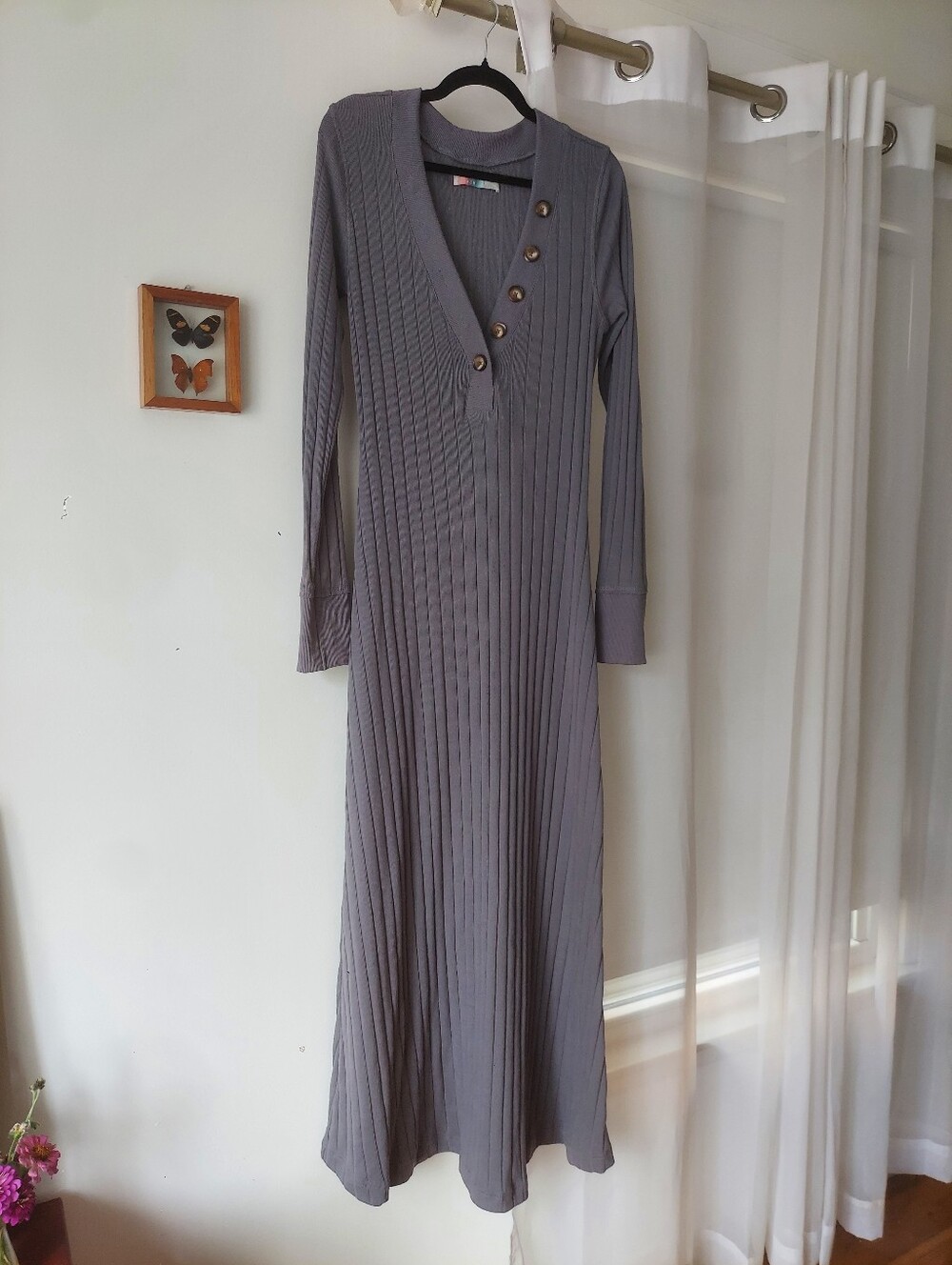 Freepeople Beach Maxi LARGE Gray Vertical Ribbed Dress V-Neck